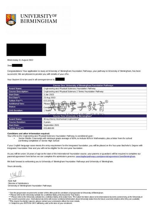 英国伯明翰大学工程与物理科学预科+机械工程学士