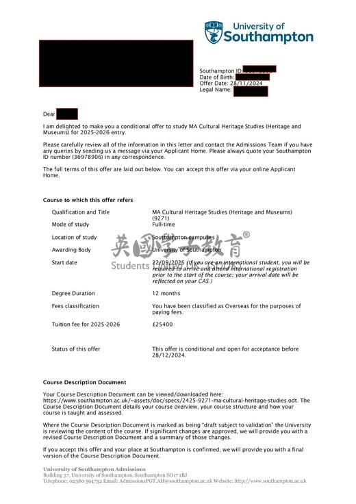 英国南安普顿大学文化遗产研究（遗产与博物馆）硕士